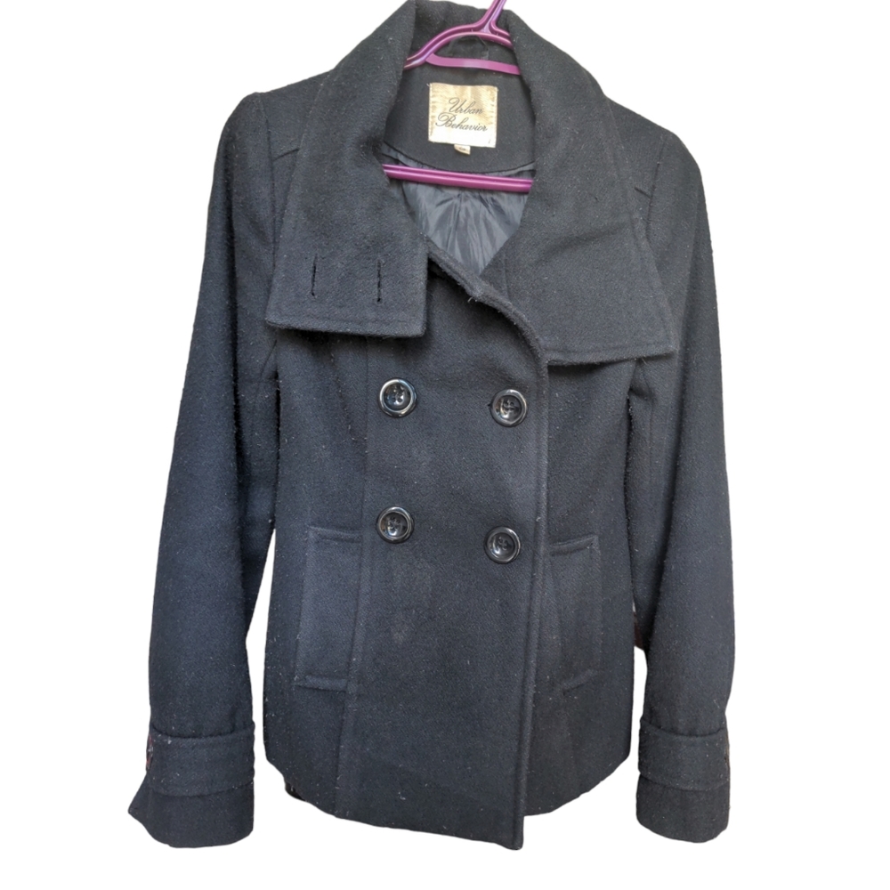 Urban Behavior wool blend double-breasted pea coat with pockets, black